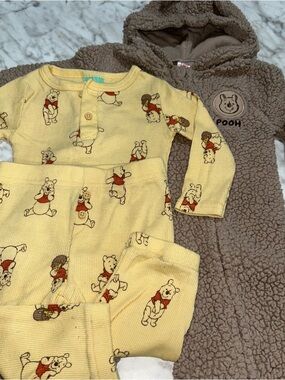 Disney Baby Yellow Infant Outfit with Pooh Print ribbed button matching set